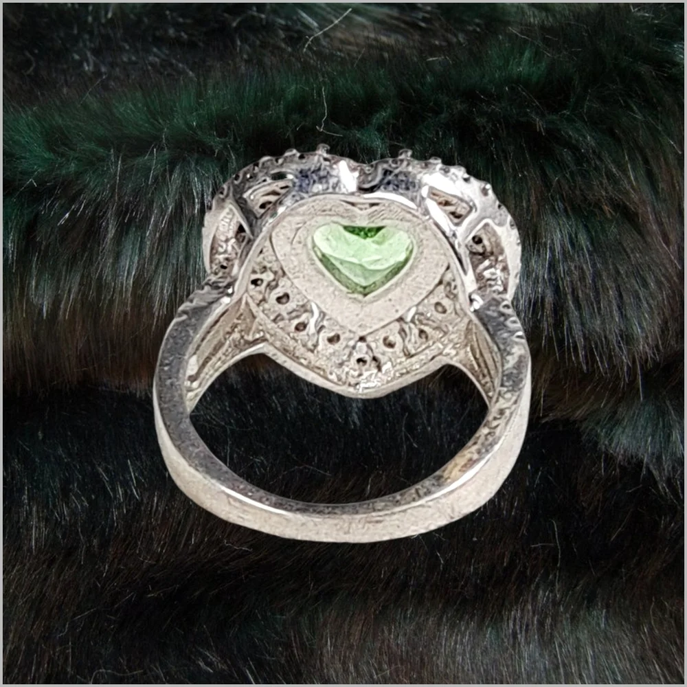Heart Shaped Trillion Cuf Natural Peridot & White Topaz Halo Silver Ring Size 8.